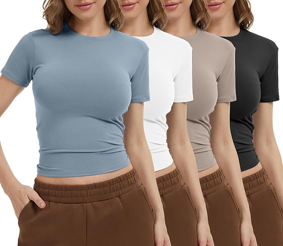 Dalavch 4 Pack Women's Workout Shirts Compression Short Sleeve | Slim Fit, Crew Neck, Running, Yoga, Gym, Athletic, Fitted, Crop, T-Shirts, Underscrub, Top