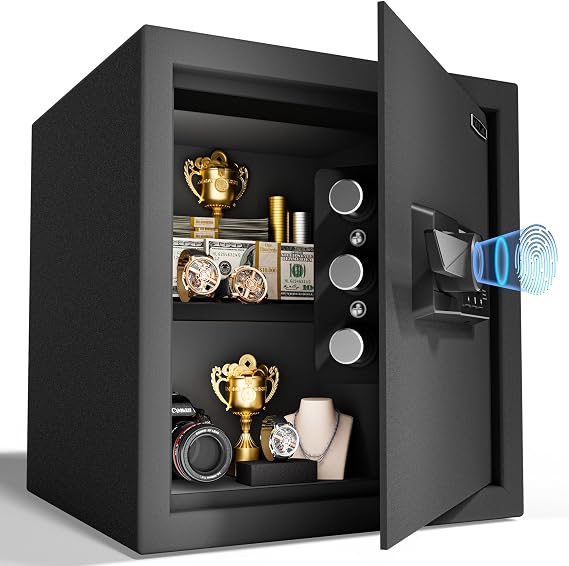 1.7 Cub Biometric Safe Box with Fireproof Bag, Quick-Access Fingerprint with Keys, Digital Keyboard, Type-C Port, Dual Alarm System Safety Box for Home, Office, Hotel Use(Black)