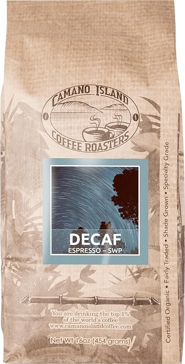 Camano Island Coffee Roasters Decaf Espresso Blend, Ground 1lb, Fresh Dark Roast Swiss Water Processed, USDA Organic, Fairly Traded, Shade Grown Top 1% Arabica, Sweet Molasses, Mixed Berry Flavor