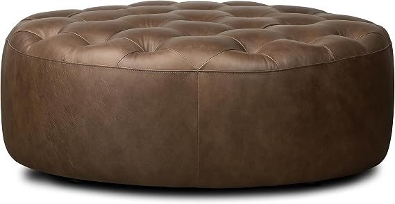 Poly & BARK Ascot Ottoman 40" Round Pouf with Feather-Down Topper Full-Grain Leather Upholstered Pouf Ottoman for Living Room Vintage Italian Leather in Cocoa Brown