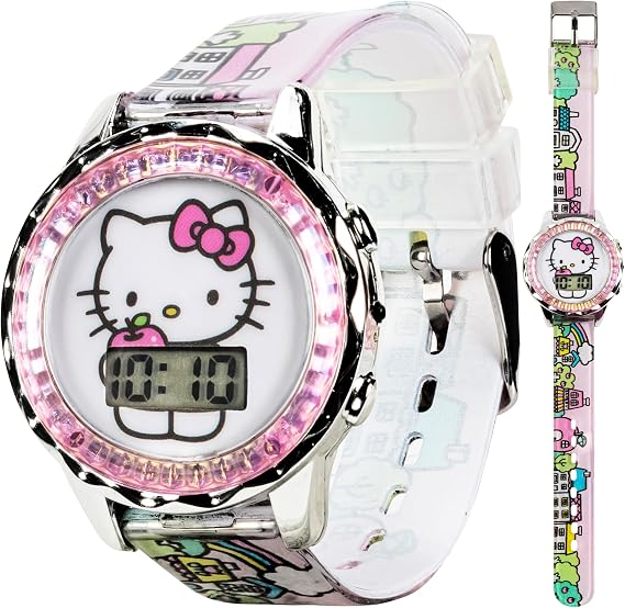 Sanrio Hello Kitty Kids LCD Watch Pink Cityscape Strap, Metallic Case, Iridescent Bezel, Digital Display, Adorable Printed Dial, Adjustable Fit, Perfect for Girls Fits Wrists 5.5 to 8