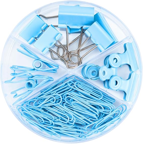 Binder Clips and Paper Clips, Assorted Sizes, Blue, Set of Multiple Pieces