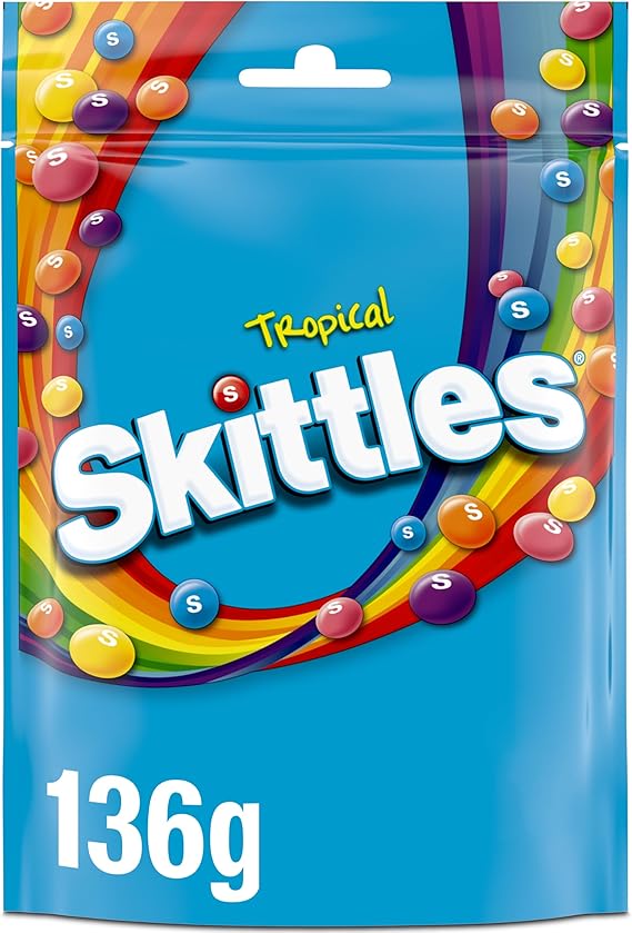 Skittles Tropical Fruit Flavoured Chewy Sweets Vegan Pouch Bag 136g | Tropical Sweets, Vegan Chewy Candy, Fruit Confectionary, Party Treats, Movie Snacks, Shareable Grocery Desserts