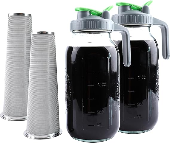Cold Brew Coffee Maker 64 Oz Mason Jar Iced Tea Pitcher With Strainer 2 Set Half Gallon Glass Pitcher With Spout Lid 2 Quar Water Jug For Fridge Beverage, Sun Tea, Hot Cold Brew, Lemonade, Juice