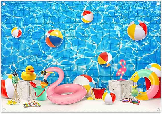 7x5ft Summer Swimming Pool Photography Backdrop Water Banner | Blue Splash Waves Tropical Beach Ocean Ball Background, Kids Adults Party Decorations, Holiday Photo Booth, Polyester Fabric