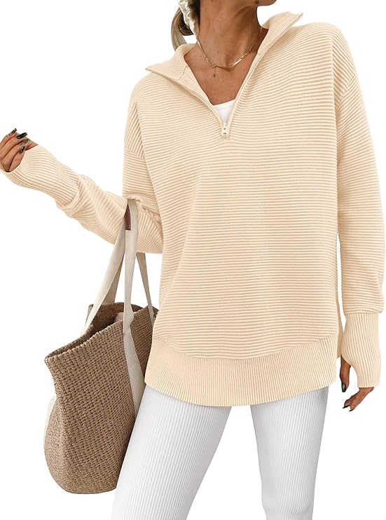 PRETTYGARDEN Womens Long Sleeve Quarter Zip Pullover Sweater | Casual Loose V Neck Sweaters with Thumb Hole, Collared Ribbed Knit Jumper Tops, Oversized Tunic Tops, Fall Outfits 2026