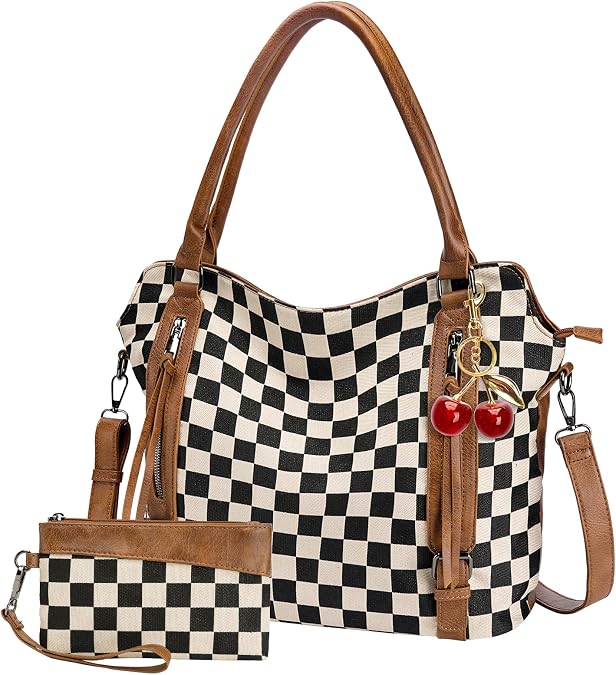 Checkered Crossbody Bag, Brown Checkered Purse, Large Capacity Shoulder Bag, Handbag with Wallet and Cherry Charm