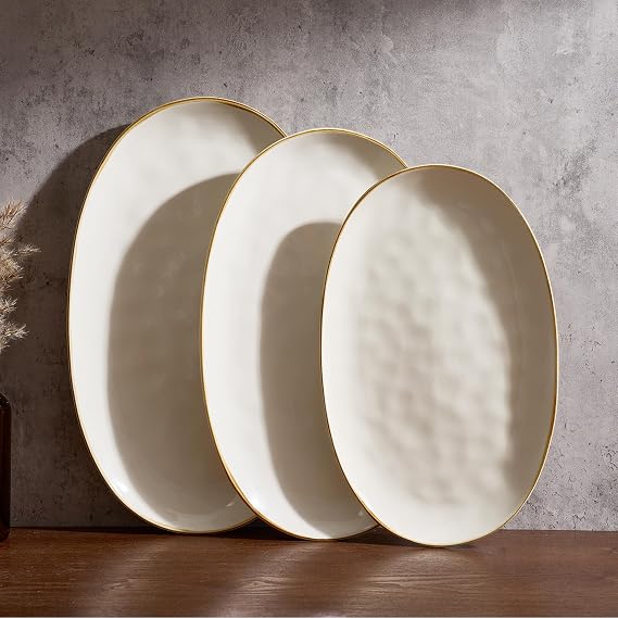 Richmount Ocean Serving Platter, Oval 15.67/14.1/12.6 inch Serving Dishes for Entertaining, Microwave Dishwasher Safe, Stoneware Serving Trays for Party, Turkey, Cheese, Beige