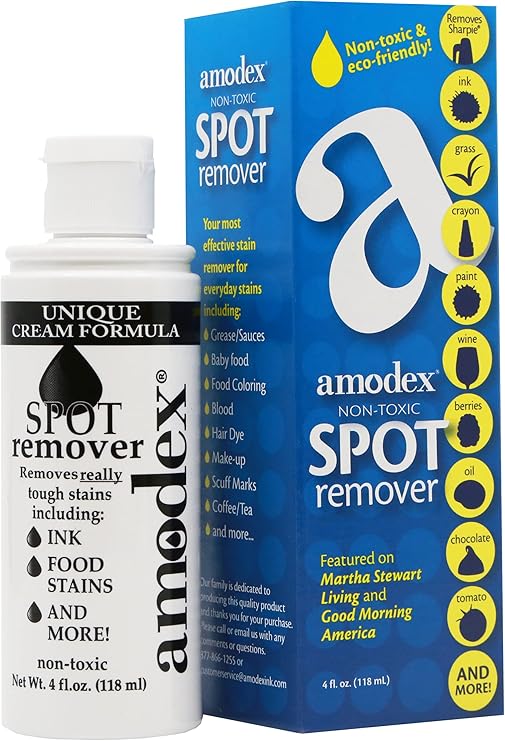 Amodex Ink & Spot Remover for Clothes, Leather and Skin - Removes Ink, Ballpoint, Sharpie, Grease and More, Works on Set-in Stains, Gentle but Powerful, 4oz/120ml Bottle