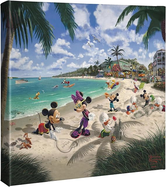 Thomas Kinkade Mickey and Minnie in Florida 14" x 14" Gallery Wrapped Canvas Art | Frameless Room Wall Art | Certificate of Authenticity Included