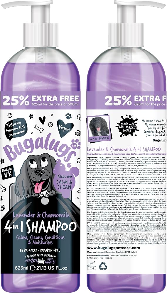 Bugalugs Lavender & Chamomile 4-in-1 Dog Shampoo and Conditioner - Professional Pet Grooming for Smelly Puppies - Vegan Formula (625ml)