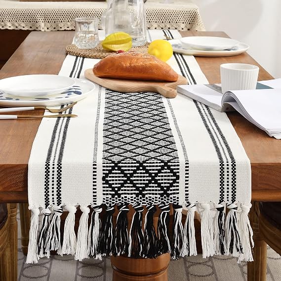 Wracra Boho Woven Table Runner 14 x 36 inches Black and White Rustic Table Runners Modern Farmhouse Style Vintage Rustic Table Runner with Tassels for Dresser Home Dining Table Decor(Black, 36")