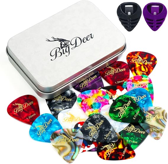 BigDeer 30 pack Celluloid Guitar Picks ,includes Thin,Medium, Heavy & Extra Heavy Picks Plectrums for Acoustic Guitar,Ukulele,Bass Wrapped in tin box