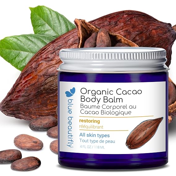 Blue Beautifly USDA Certified Organic Cacao Body Butter Balm, 4 fl oz | Soothes. Softens. Moisturizes. Restores Dry, Chaffed & Cracked Skin. With Shea Butter, Cocoa Butter & Vitamin E Oil