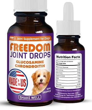 Freedom Joint Drops for Dogs with Hyaluronic Acid, MSM, Glucosamine, Chondroitin, All Natural Liquid Joint Supplement for Dogs for Pain Relief, Mobility and Hip Support, 30 ml Dropper