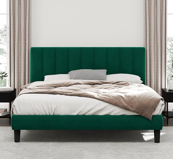 Full Bed Frame Modern: Minimalist Tufted Headboard- Upholstered Platform Frames-Quiet and Strong hardwood Wooden Slats-No Spring Needed-Cushioned Upholstered Bedframes-Easy to Assemble,Dark Green