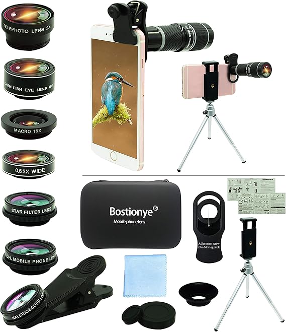 Cell Phone Camera Lens Kit,11 in 1 Universal 20x Telephoto Lens,0.63Wide Angle+15X Macro+198°Fisheye+2X Telephoto+Kaleidoscope+CPL/Starlight/Eyemask/Tripod,for Most iPhone Smartphone