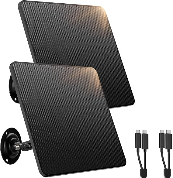 Solar Panel for Security Cameras 6W 2 Pack Solar Battery Chargers with Micro USB & USB C, IP67 Waterproof with 360 Adjustable Mount
