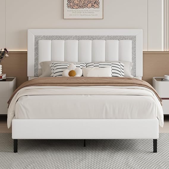 HOMBCK Bed Frame Full Size,Full Bed Frame with Wooden Slatted Support, Platform Bed Frame with Diamond Vertical Stripe Design,