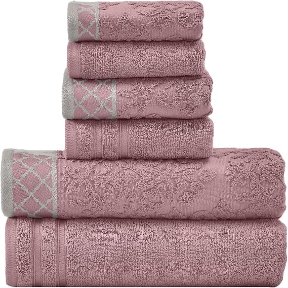 Modern Threads Damask Jacquard Towel Set with Embellished Border, Dusty Plum, Standard (6-Piece)