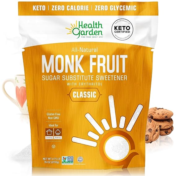 Health Garden Monk Fruit Sweetener, Classic Sugar Substitute - 4.75 lb | 1:1 Monk Fruit Sugar Substitute with Erythritol, Zero Calorie Monkfruit Sweetener for Baking, Keto Friendly, Non-GMO
