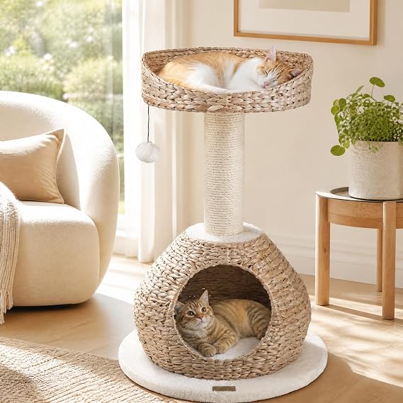 PETSITE 28-inch Modern Cat Tree, Small Cute Cat Tower Sisal Scratching Post, Hand-Made Wicker Condo and Top Perch, Interative Dangling Ball, Ideal for Indoor Cats