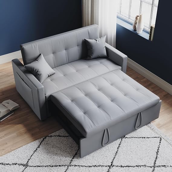 3-in-1 Convertible Sofa Bed with Pull Out Sectional, Light Gray | 2 Seater Anti-Cat Scratch Sofa Couch with Side Pockets for Living Room，Guest Spaces