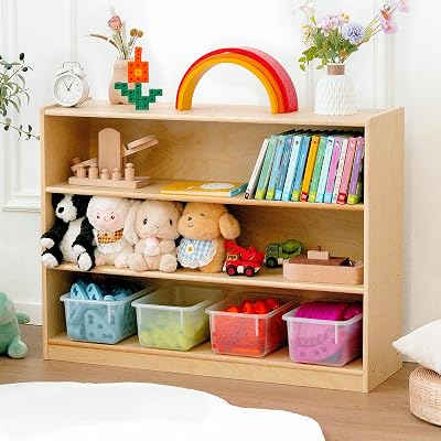 Kids Bookshelf and Toy Storage Shelf, Wooden Montessori Bookshelf, 3-Tier Toy Shelf, 30in Birch Children Bookcase, Classroom Furniture, Book Shelf for Kids Room, Nursery, Playroom