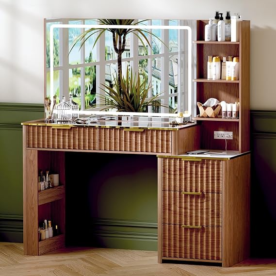51" Vanity Desk with Power Outlet, Makeup Vanity with Mirror and Lights, 3 Lighting Modes, Vanity Table with Glass Top, 5 Drawers, and Jewelry Storage,Brown