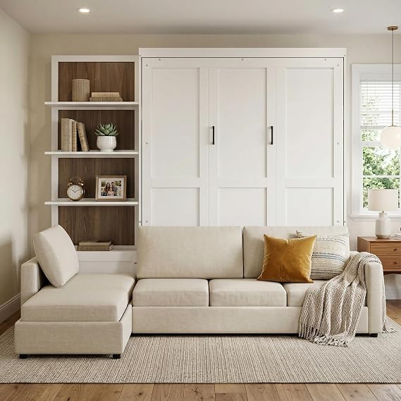 Harper & Bright Designs Queen Size Murphy Bed, Wood Queen Wall Bed with Sofa and Shelves, White