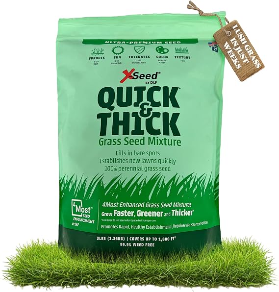 X-Seed Ultra Premium Quick and Thick Lawn Seed Mixture Rapid Germination for Any Lawn, Dense Coverage in Sun to Shade, High-Traffic Areas, Fescue, Kentucky Blue, Perennial Ryegrass Blend, 3lb Bag