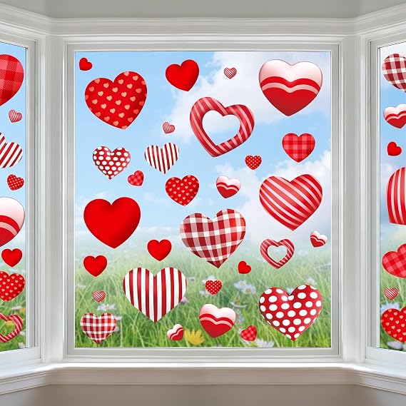 9 Sheets Valentines Day Window Clings Decor, Cute Heart Stickers for Galentines Day Decorations, Decals for Home Office Glass Windows