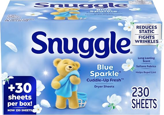 Snuggle Dryer Sheets, Blue Sparkle , 230 Count | Long-Lasting Fresh Scent, Reduces Static and Wrinkles, Repels Pet Hair and Lint, HE Dryer Compatible
