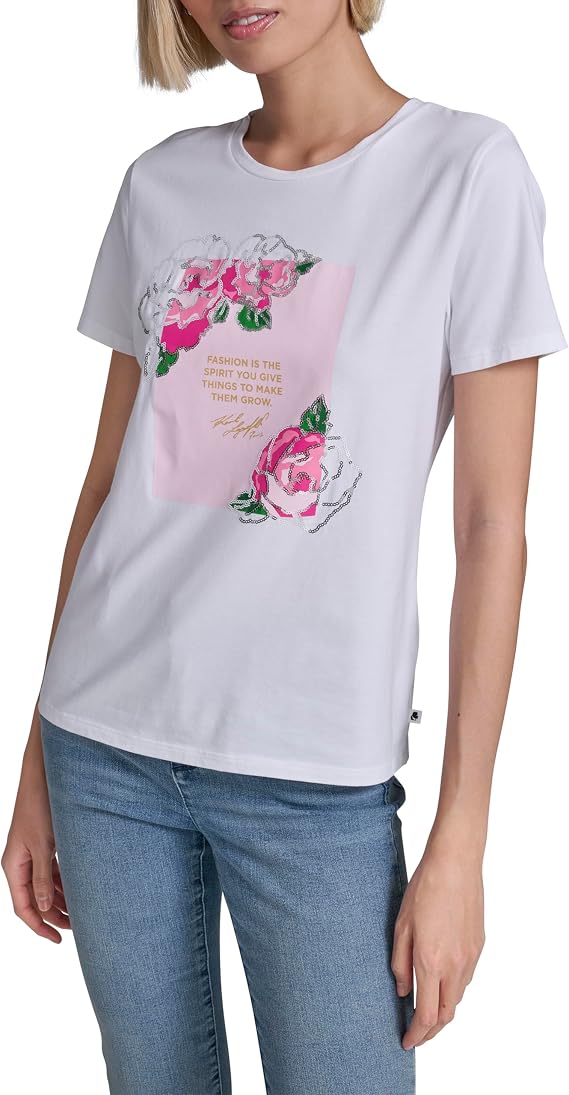 Karl Lagerfeld Women's Short Sleeve Crew Neck Floral Logo T-Shirt