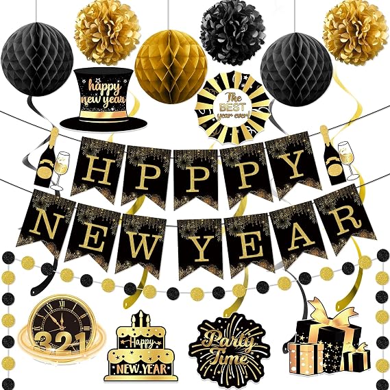 Happy New Year Banner: New Years Decorations Gold Black Paper Flag Bunting Swirl Streamers & Pom Poms For Outdoor Indoor Home Wall Fireplace Mantel Fireplace
