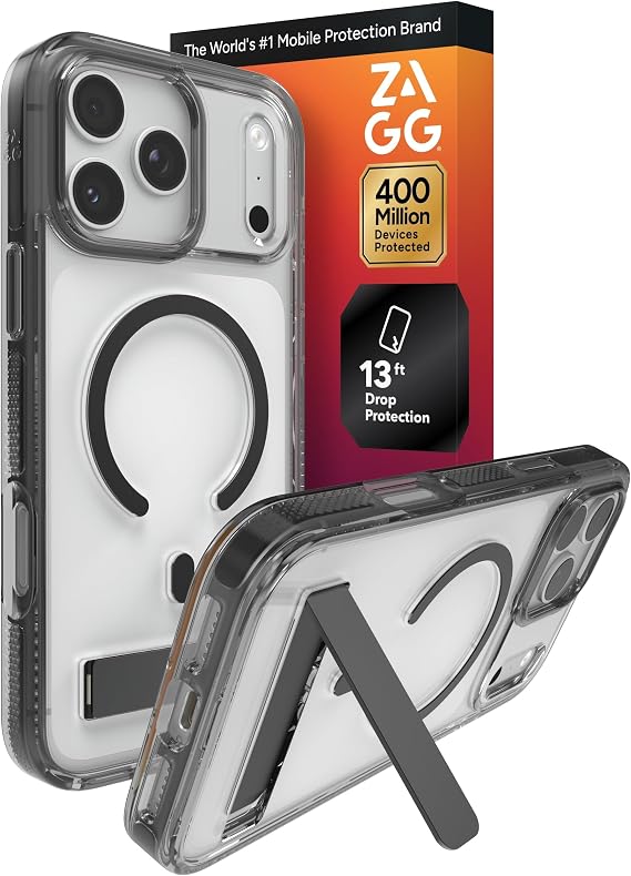 ZAGG Santa Cruz Snap Case with Kickstand for iPhone 17 Pro Max - Jet Black, Drop Protection (13ft/4m), MagSafe Charging Compatible, ClearGuard Anti-Yellowing Technology, Scratch Resistant Phone Case