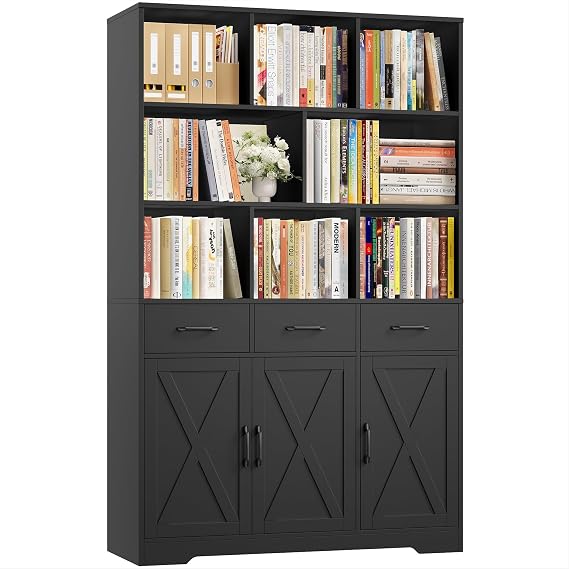 HOSTACK 71" Tall Storage Cabinet, Large Book Shelf with Drawers, Doors, Adjustable Shelf, Wooden Bookshelves and Bookcase, Modern Farmhouse 5 Tier Display Shelving Units for Home Office, Black