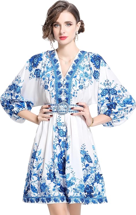 LAI MENG FIVE CATS Women's V-Neck Floral Print Lantern Sleeve Button up Belt Dress Casual Mini Dress