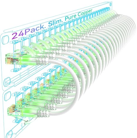 Sokqovt Cat6a Patch Cable Slim 0.5ft (24 Pack) - Flexible Ethernet 10G 550MHZ, 28AWG Pure Copper for Network Cabinet - White