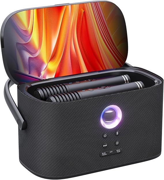 Ikarao Portable Karaoke Machine for Adults, Built-in Lyrics Display and Screen, 2 Self-Charging Wireless Microphones, Karaoke App, 140W Speaker, Connects to TV for Home Party Birthday Outdoor Camping