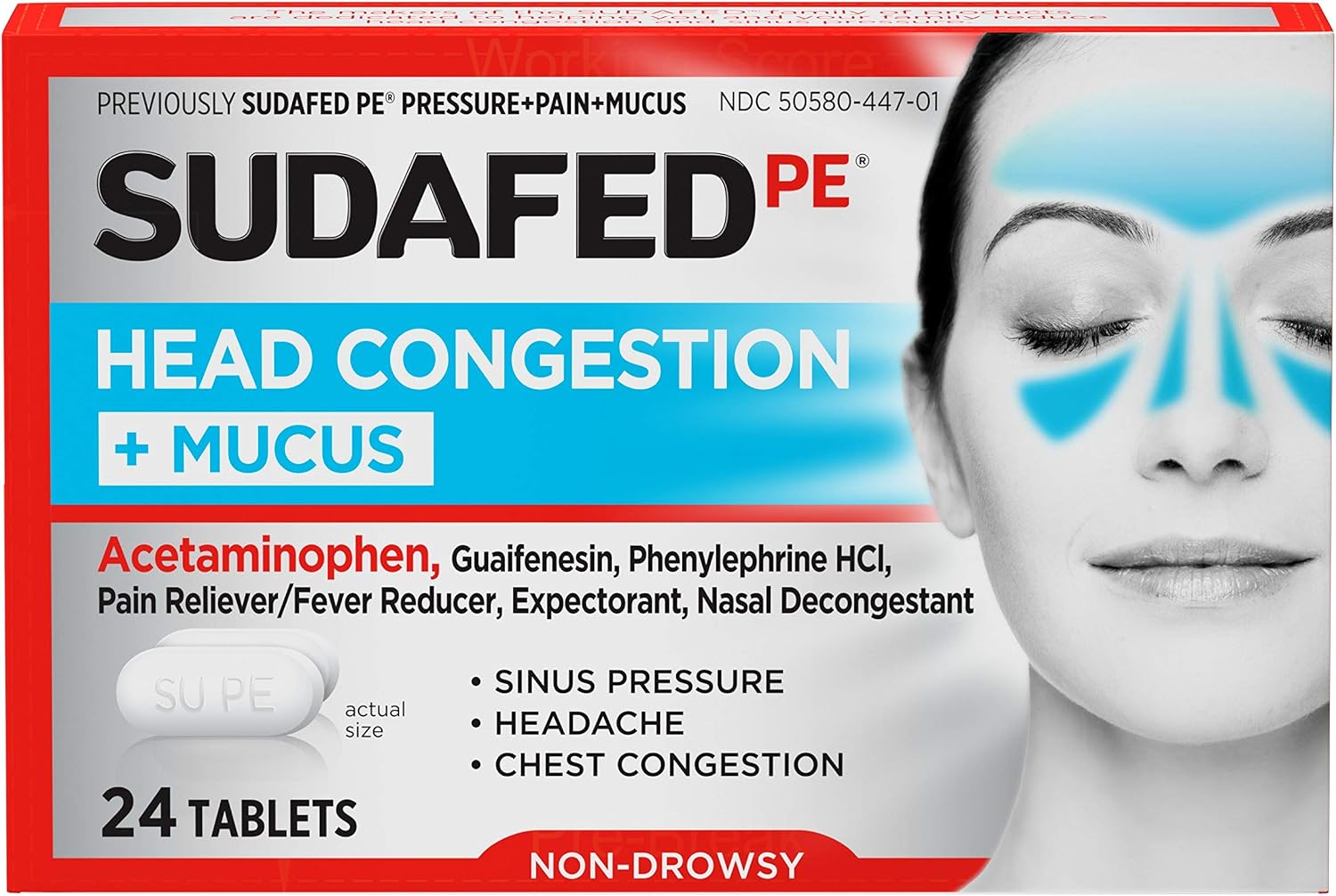 Sudafed PE Head Congestion  Mucus Tablets for Sinus Pressure, Pain & Congestion, 24 Count