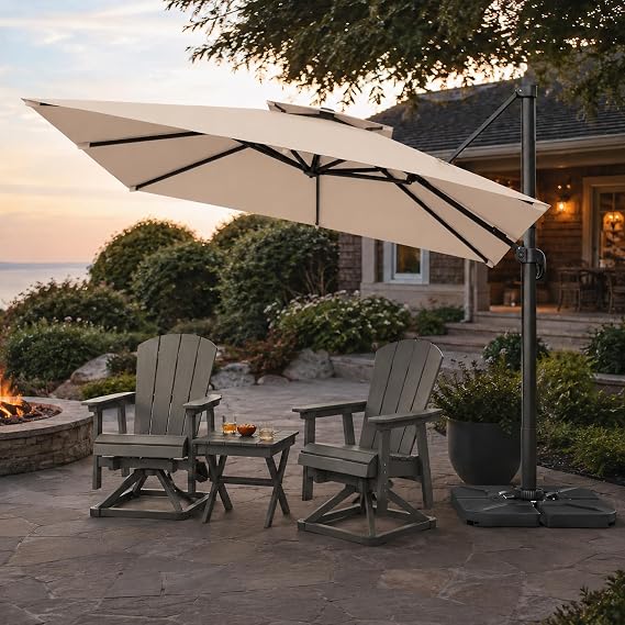Cantilever Patio Umbrella with Solar Lights, Large Outdoor 2 Tier Aluminum Offset Square Umbrellas 360 Degree Rotation for Garden Deck Pool