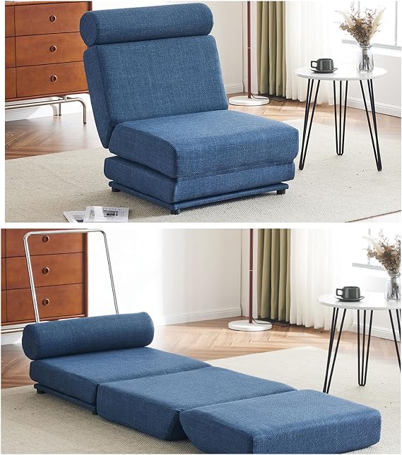HRVEOCEI Convertible Chair Bed Sleeper& Floor Futon Sofa Bed Chair, Fold Out Sleeper Chair Bed with Pillow, Single Sofa Chair for Bedroom Living Room Small Space (Blue)