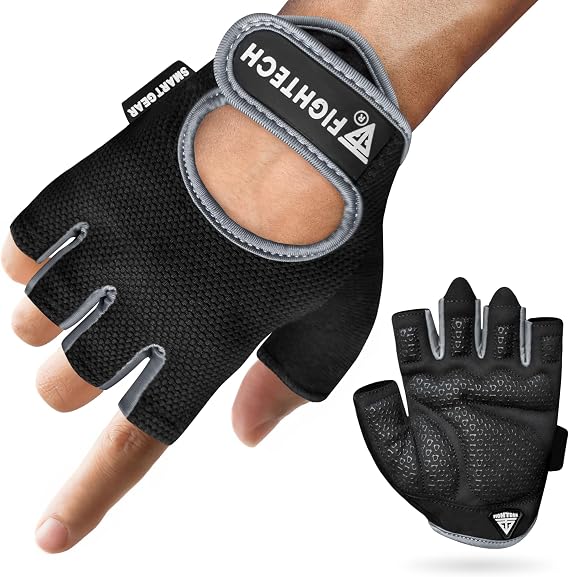 FIGHTECH Workout Gloves for Men and Women, Fingerless Weight Lifting Gloves with Cushioned Palms, Gym Gloves for Exercise Fitness Training Climbing Cycling, Breathable and Lightweight