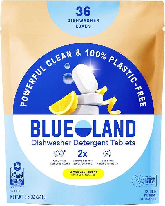 BLUELAND 100% Plastic-Free Dishwasher Detergent Tablets, 36ct, Lemon Zest