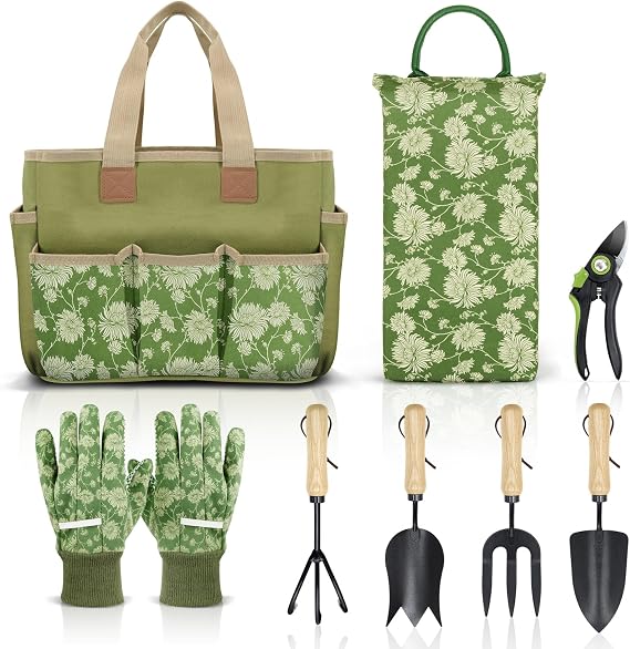 Colwelt Garden Tools Set, 8 Piece, Heavy Duty Gardening Tools with Wooden Handle, Including Garden Tote, Kneeling Pad, Gloves, Pruner, Trowel, Tulip Trowel, Cultivator - Gardening Gifts for Women Men | Gardening Tools Gifts for Women, include Garden Tote, Kneeling Pad, Gloves, Pruner & 4pcs Garden Tools, Gardening Essentials