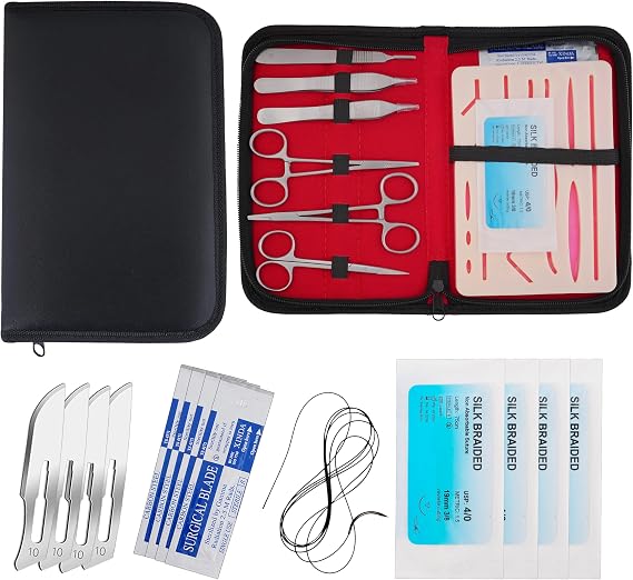 Complete Suture Practice kit for Students Traning Manual & Carryall Case Reusable Mesh Pre Cut- 14 Wounds Silicone Skin Suture Pad - for Education Use Only (15)