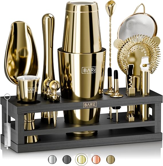 BARE BARREL® Cocktail Making Kit | 16-Piece Bartender Kit Cocktail Shaker Set Maker | Bamboo Display Stand & 35 Recipe Cards | Mixology Cocktail Gift Set (800ml/28oz Boston Shaker, Gold/Black)