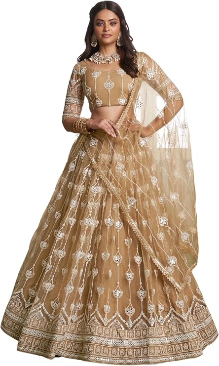 Gold Thread Net Lehenga Designs for Wedding Indian woman Chaniya Choli 9495