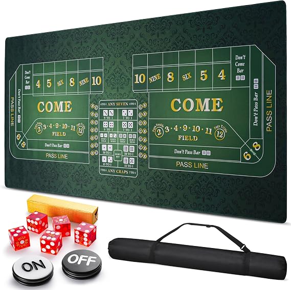 70" x 35" Craps Tabletop Mat Set with 5 Grade AAA 19mm Casino Dice & On/Off Button Crap Game Layout for Home Entertainment Non-Slip Water-Resistant Portable Crap Mat with Zippered Bag (70 X 35 IN)